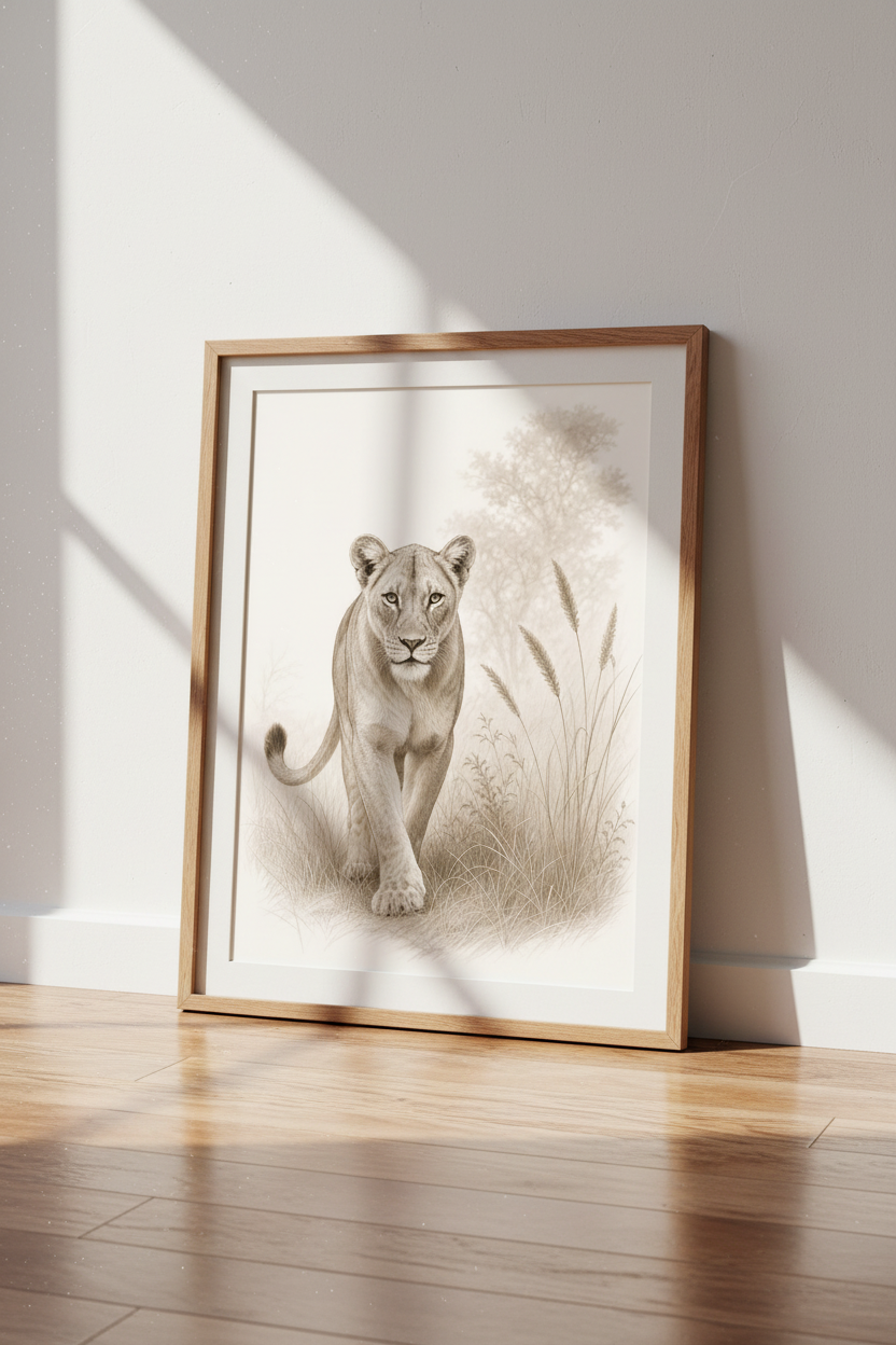 Lioness Sketch Wall Art | Sepia Safari Animal Print, Living Room Decor
