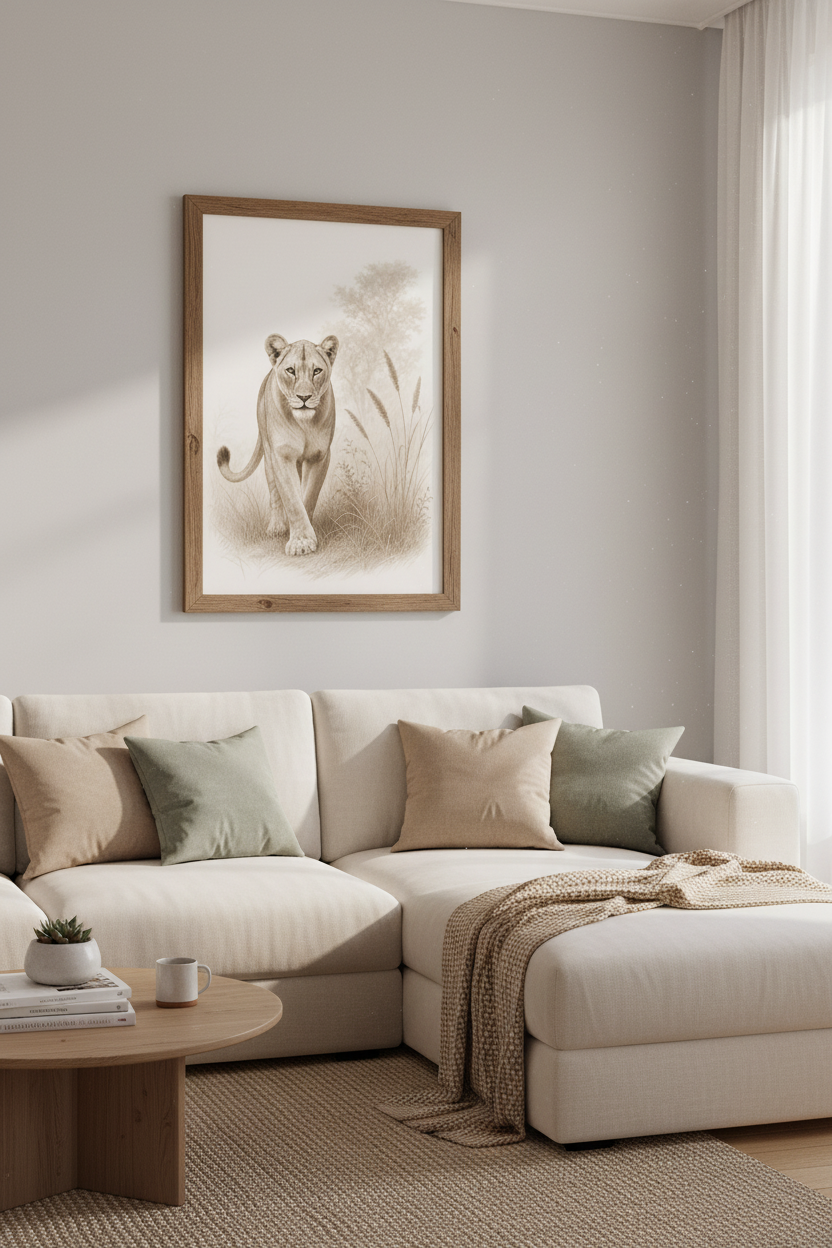 Lioness Sketch Wall Art | Sepia Safari Animal Print, Living Room Decor