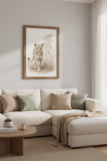 Lioness Sketch Wall Art | Sepia Safari Animal Print, Living Room Decor