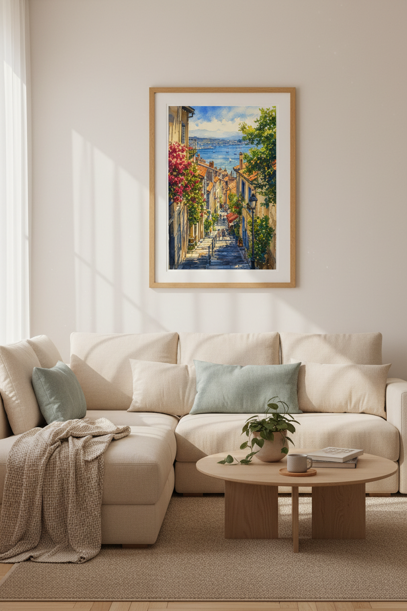Mediterranean Coastal Town Watercolor | French Riviera Street Scene, Summer Wall Art Print