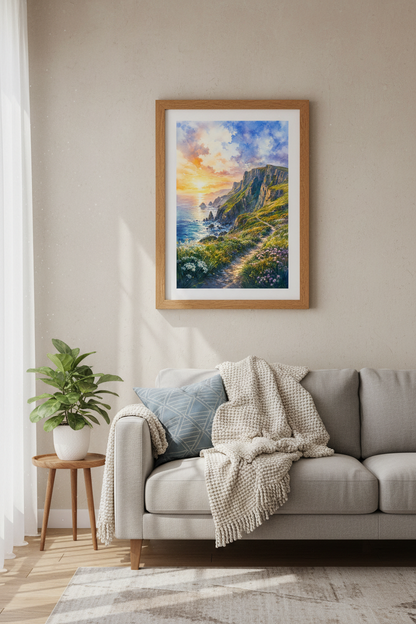 Coastal Cliff Sunset Watercolor Print | Ocean Landscape Wall Art, Beach House Decor