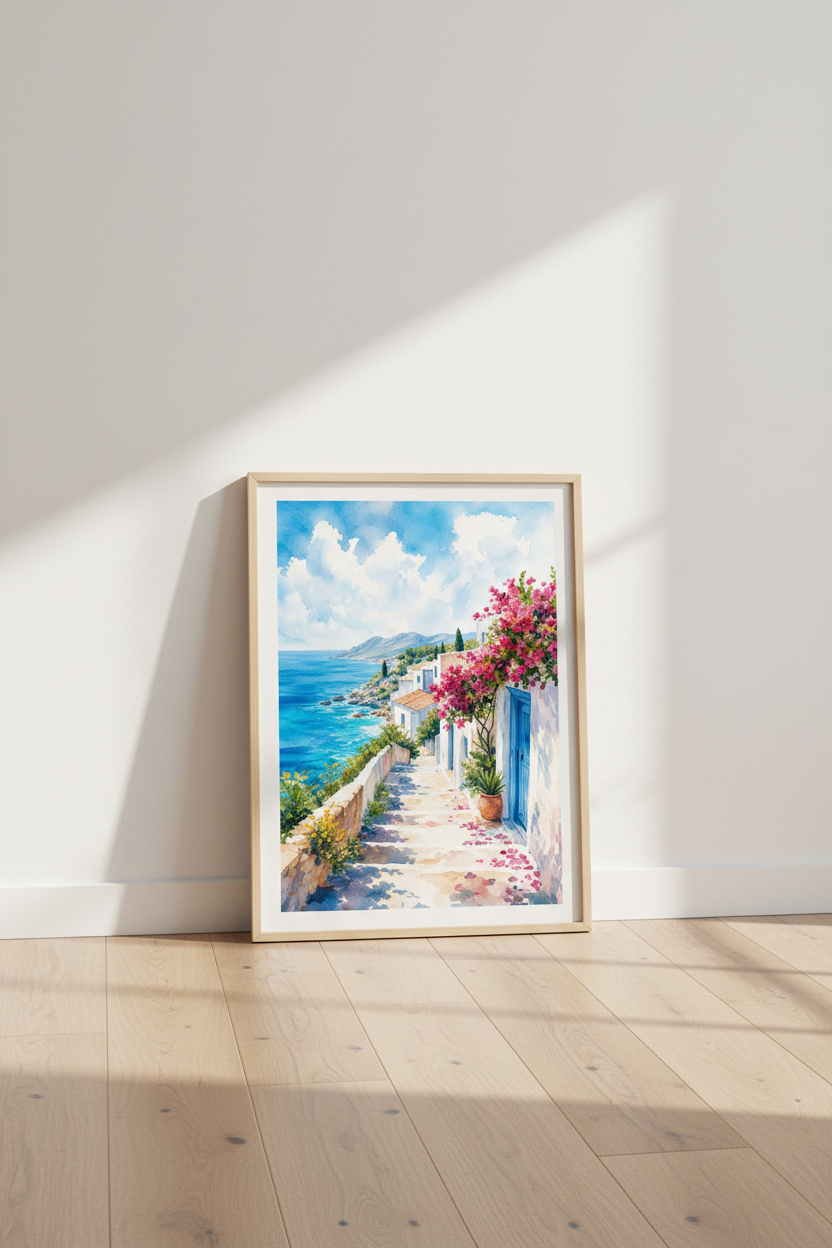 Mediterranean Village Art | Watercolor Coastal Landscape, Greek Island Decor