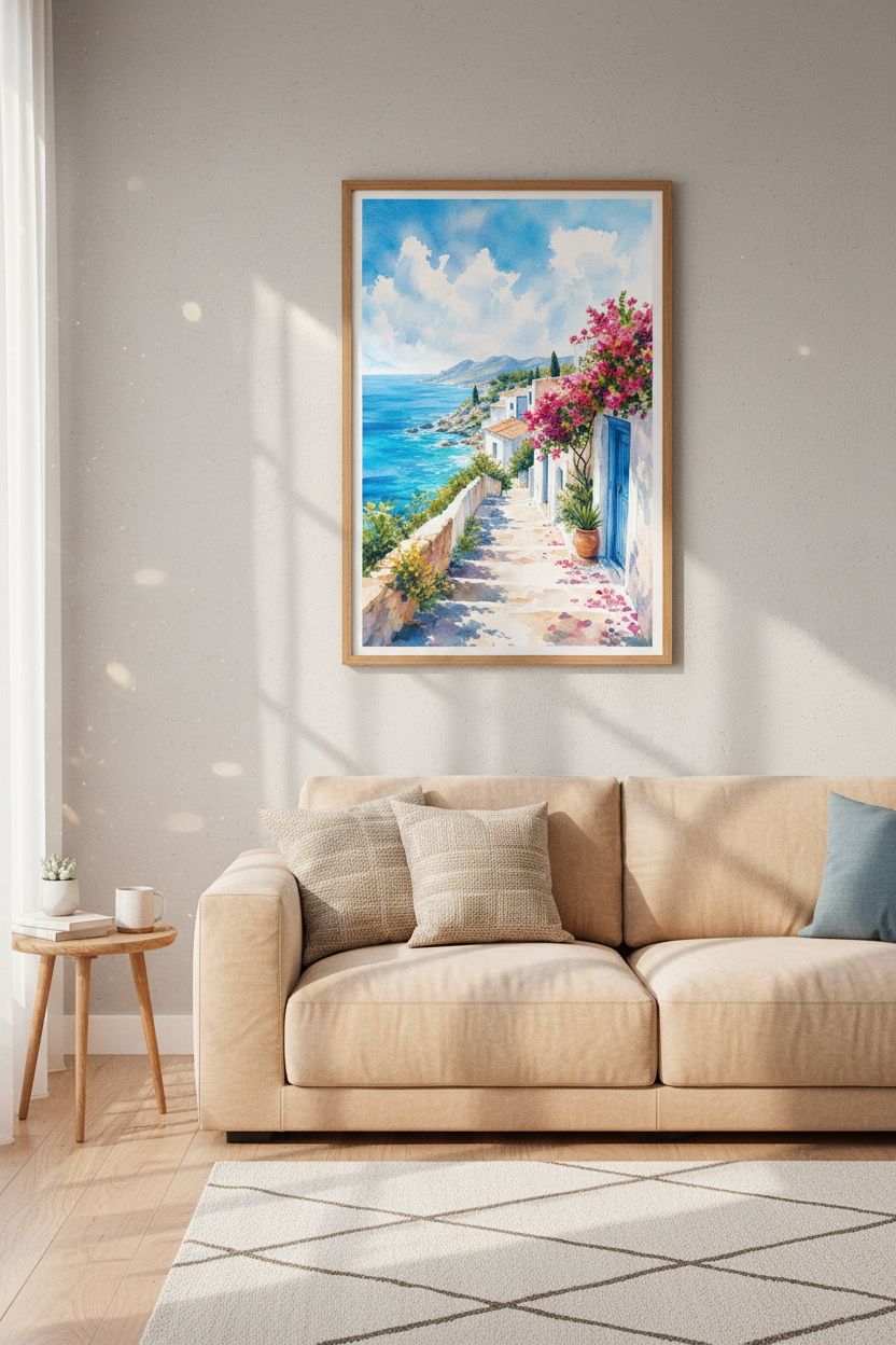 Mediterranean Village Art | Watercolor Coastal Landscape, Greek Island Decor