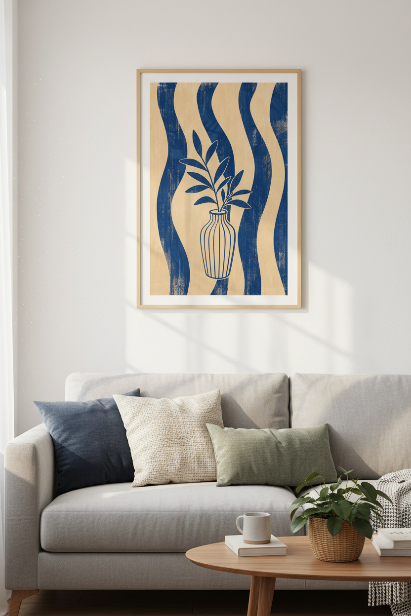 Navy Vase Botanical Wall Art | Wavy Abstract Blue &amp; Beige Print, Living Room Decor