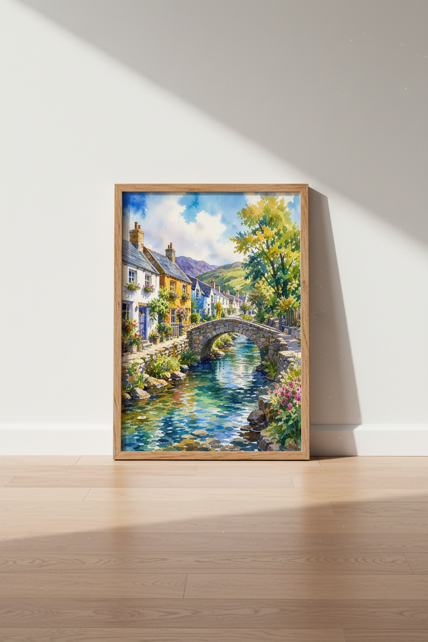 English Village Watercolor | Rustic Landscape Art, Cottagecore Home Decor