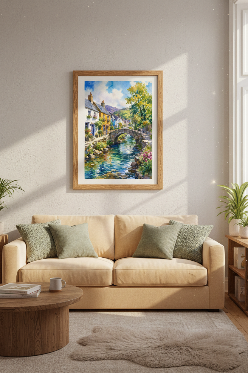 English Village Watercolor | Rustic Landscape Art, Cottagecore Home Decor