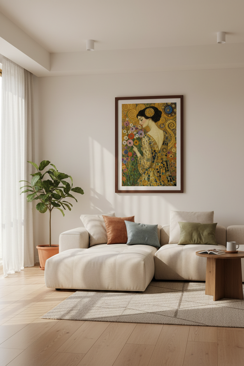 Woman with Flowers Mosaic | Gold Art Nouveau Portrait, Living Room Decor