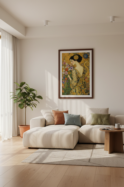 Woman with Flowers Mosaic | Gold Art Nouveau Portrait, Living Room Decor