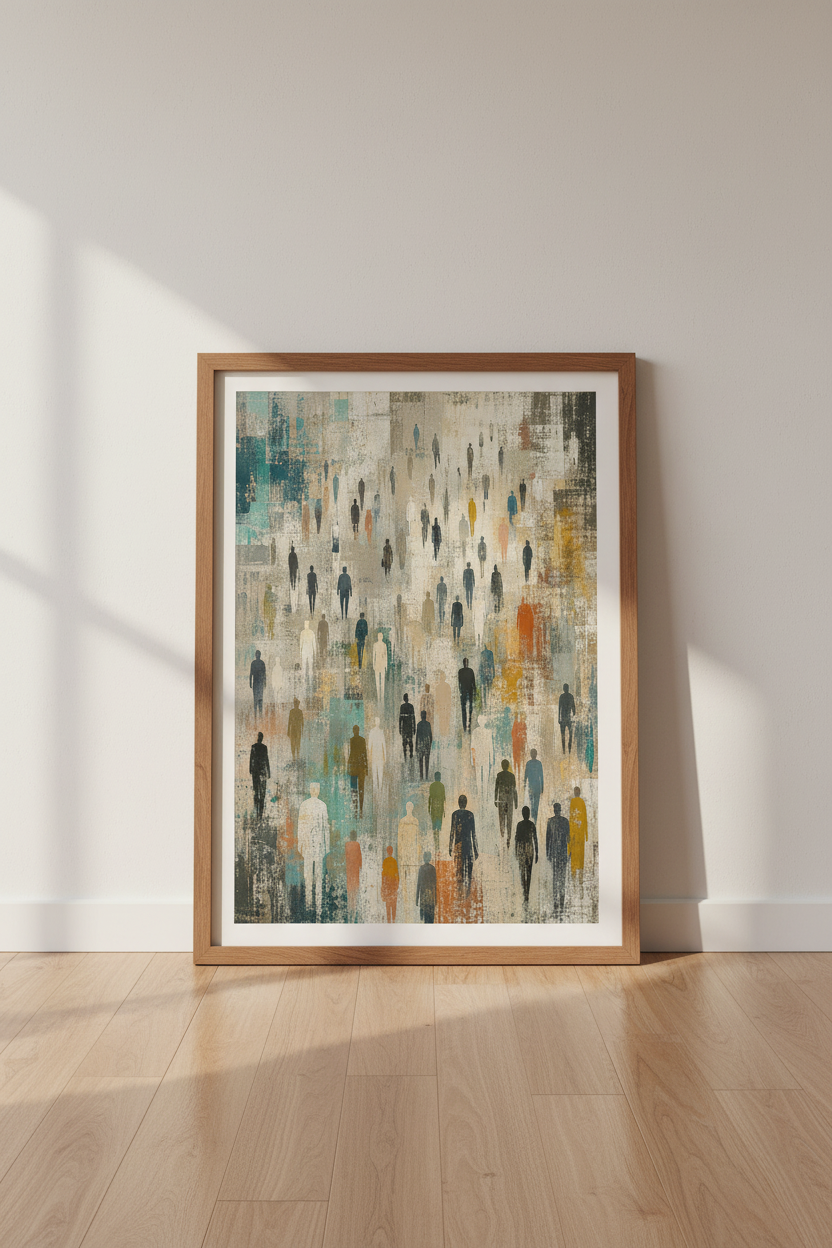 Abstract People Crowd Wall Art | Teal &amp; Earthy Urban Decor | Modern Minimalist Poster