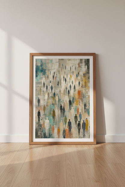 Abstract People Crowd Wall Art | Teal &amp; Earthy Urban Decor | Modern Minimalist Poster