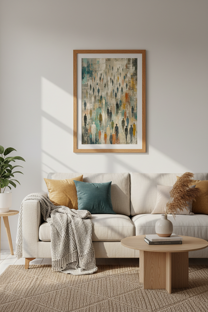 Abstract People Crowd Wall Art | Teal &amp; Earthy Urban Decor | Modern Minimalist Poster