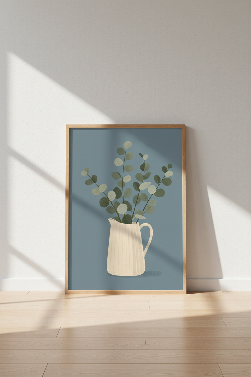 Eucalyptus Botanical Art | Minimalist Sage Green Vase, Modern Boho Decor