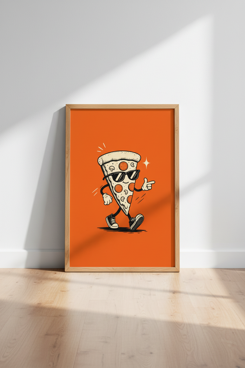 Retro Pizza Character Wall Art Print | Kitchen Decor | Funny Cool Aesthetic Poster
