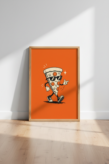 Retro Pizza Character Wall Art Print | Kitchen Decor | Funny Cool Aesthetic Poster