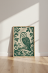 Barn Owl Etching | Vintage Green Botanical Illustration, Dark Academia Wall Art