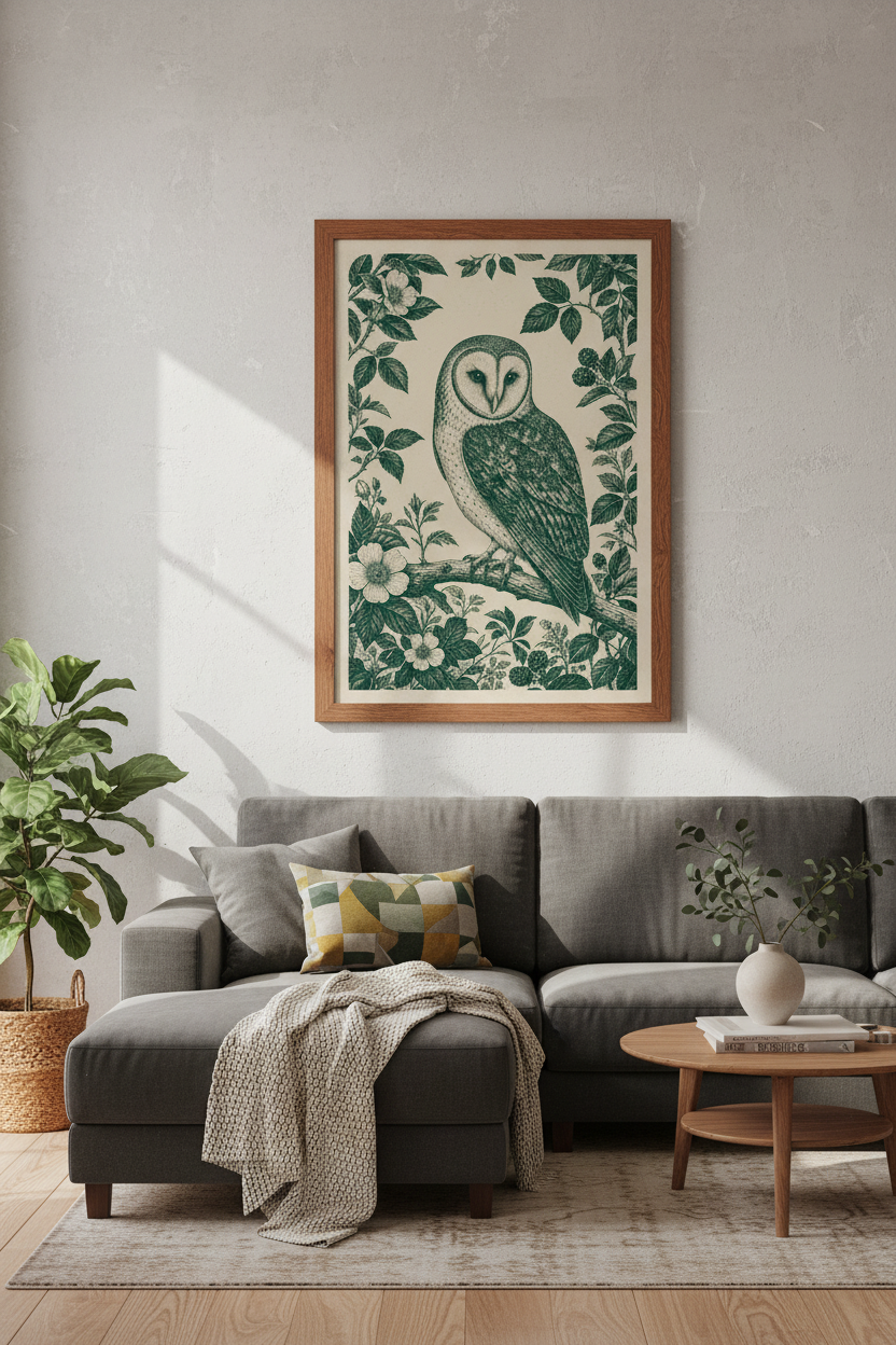 Barn Owl Etching | Vintage Green Botanical Illustration, Dark Academia Wall Art
