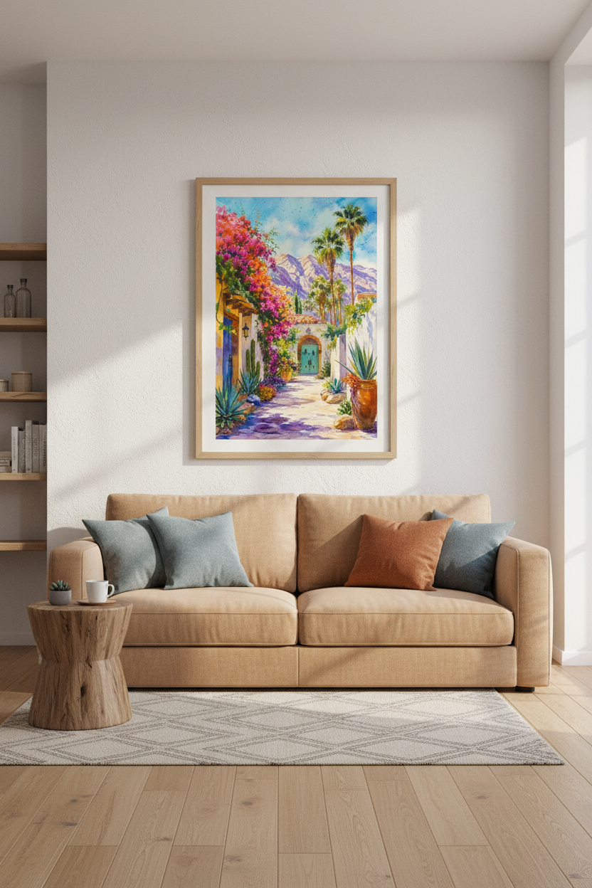 Palm Springs Landscape Watercolor Print | Desert Oasis Decor | Vibrant Boho Wall Art