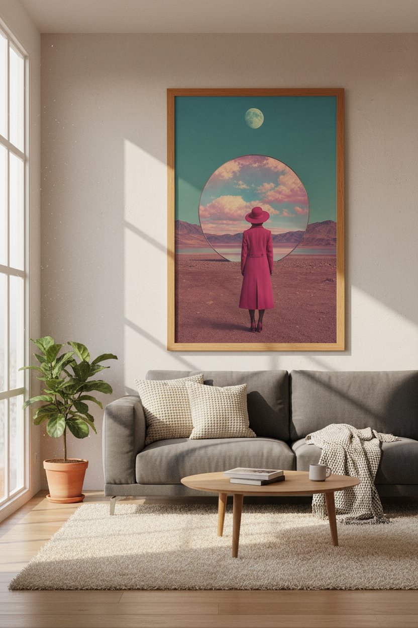 Surreal Woman Desert Portal Wall Art | Dreamy Magenta &amp; Teal, Modern Boho Room Decor