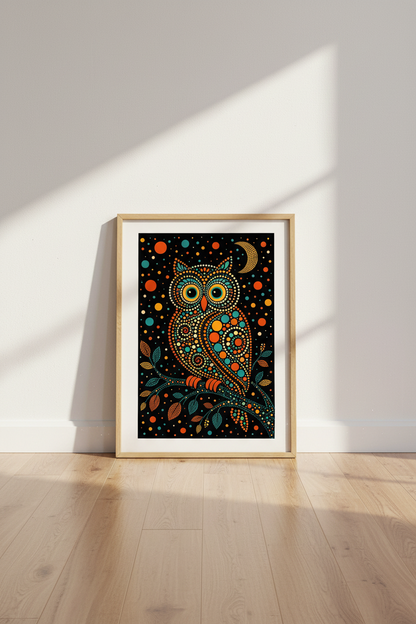 Dot Art Owl Wall Art Print | Boho Animal Decor | Vibrant Mosaic Poster