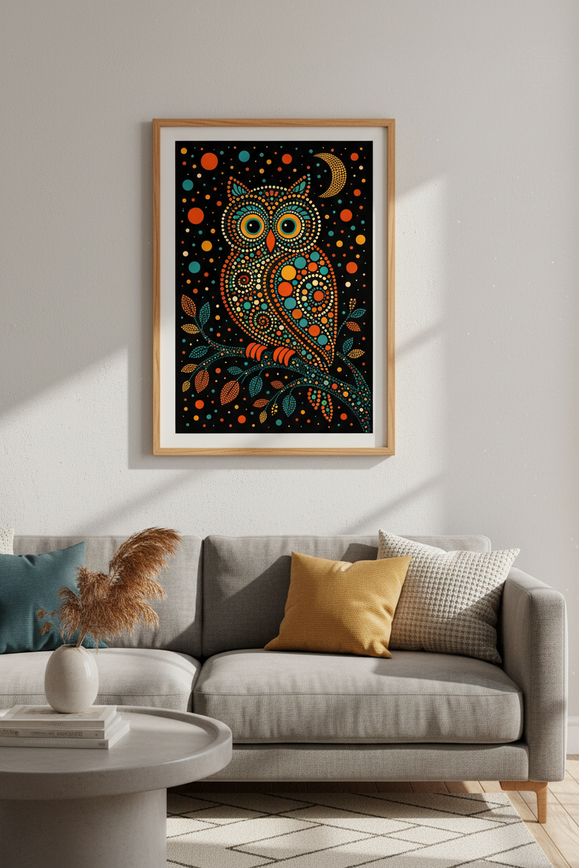 Dot Art Owl Wall Art Print | Boho Animal Decor | Vibrant Mosaic Poster