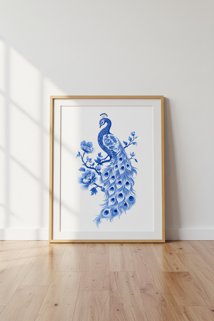 Chinoiserie Peacock Wall Art | Blue and White Floral Poster | Living Room Decor