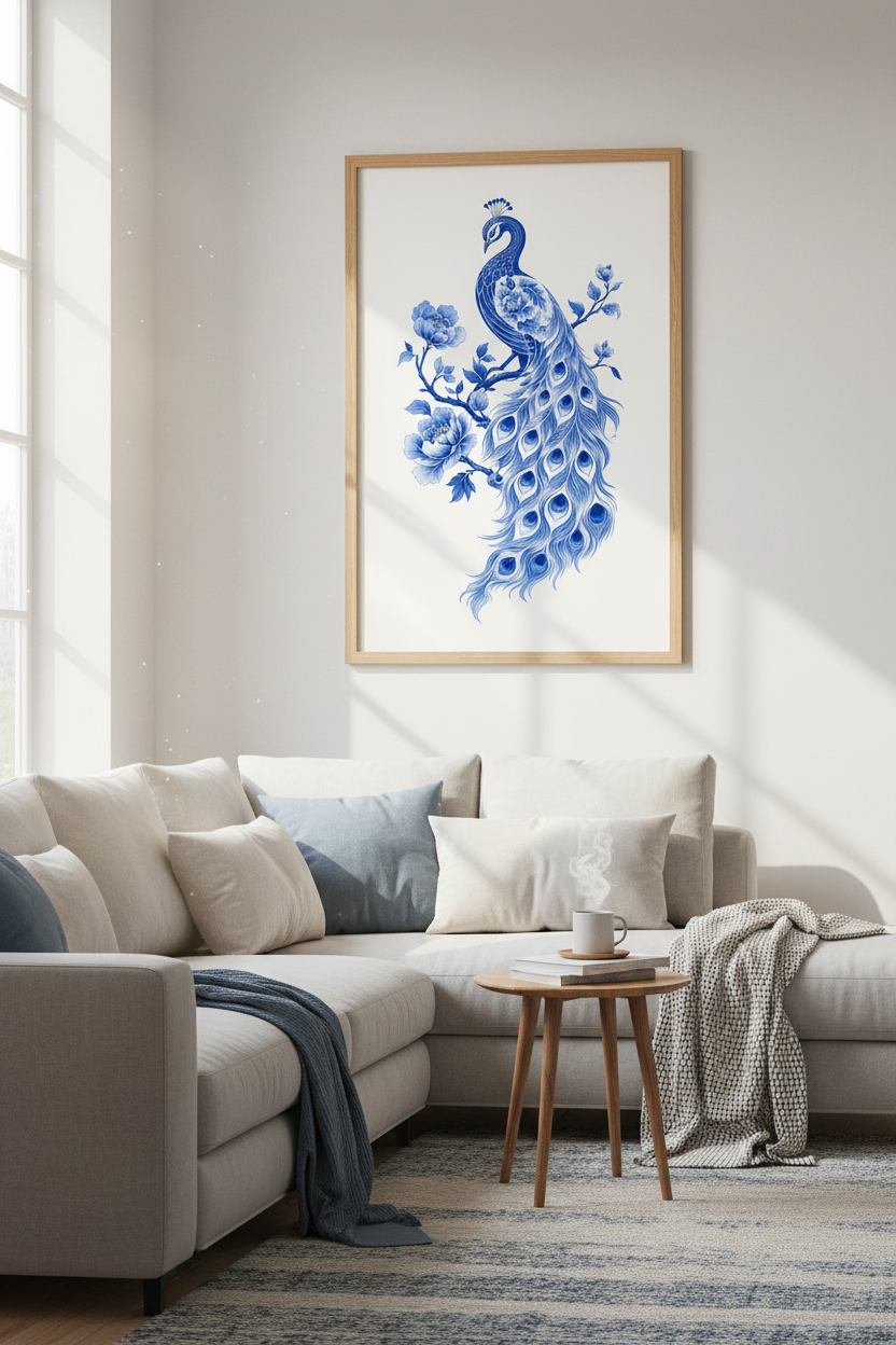 Chinoiserie Peacock Wall Art | Blue and White Floral Poster | Living Room Decor
