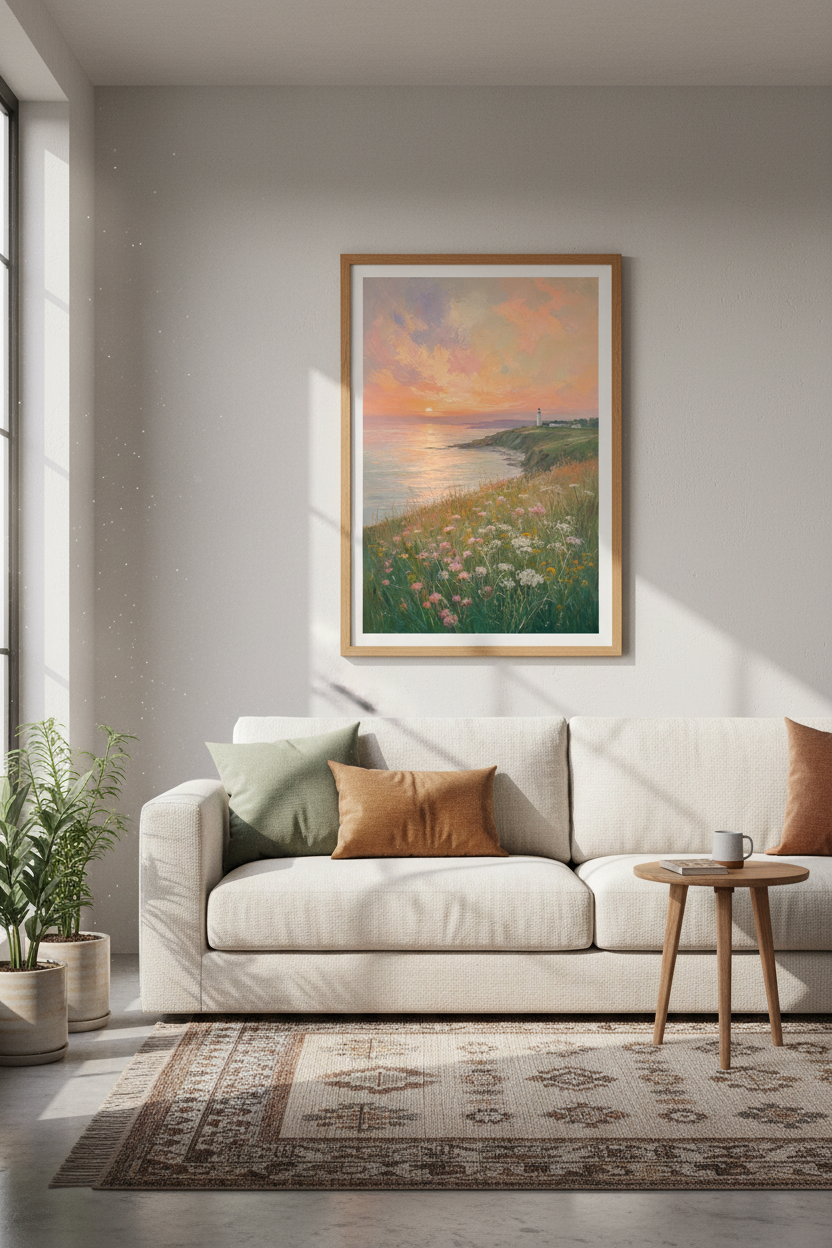 Lighthouse Sunset Painting | Coastal Wildflower Art, Impressionist Beach Decor