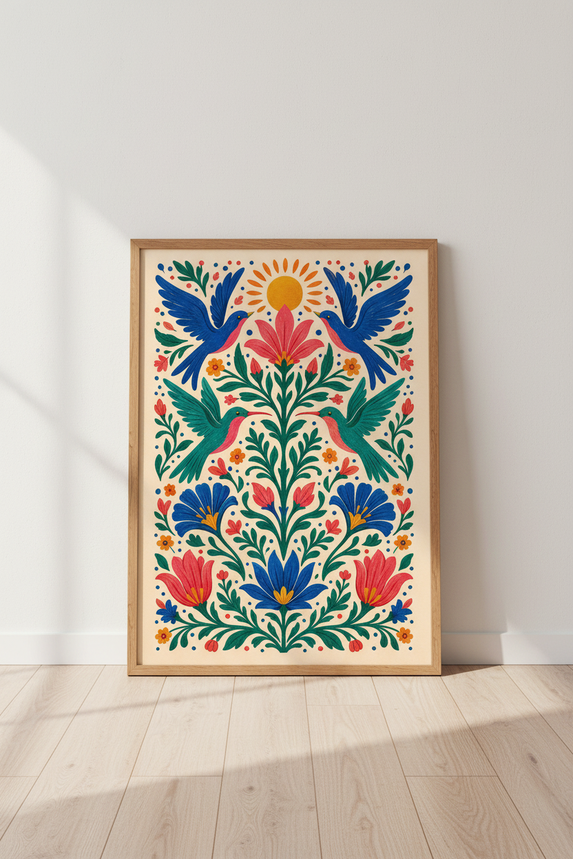 Folk Art Bird &amp; Floral Wall Art Print | Boho Living Room Decor | Colorful Poster