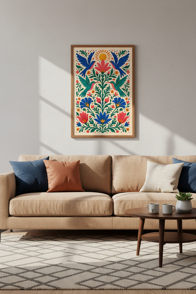 Folk Art Bird &amp; Floral Wall Art Print | Boho Living Room Decor | Colorful Poster