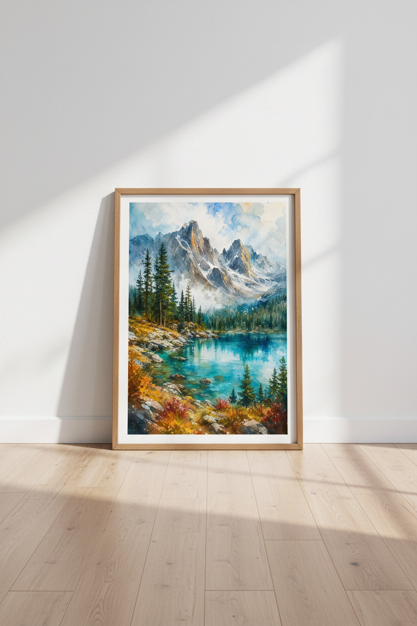 Watercolor Mountain Landscape Wall Art | Alpine Lake Decor | Nature Poster