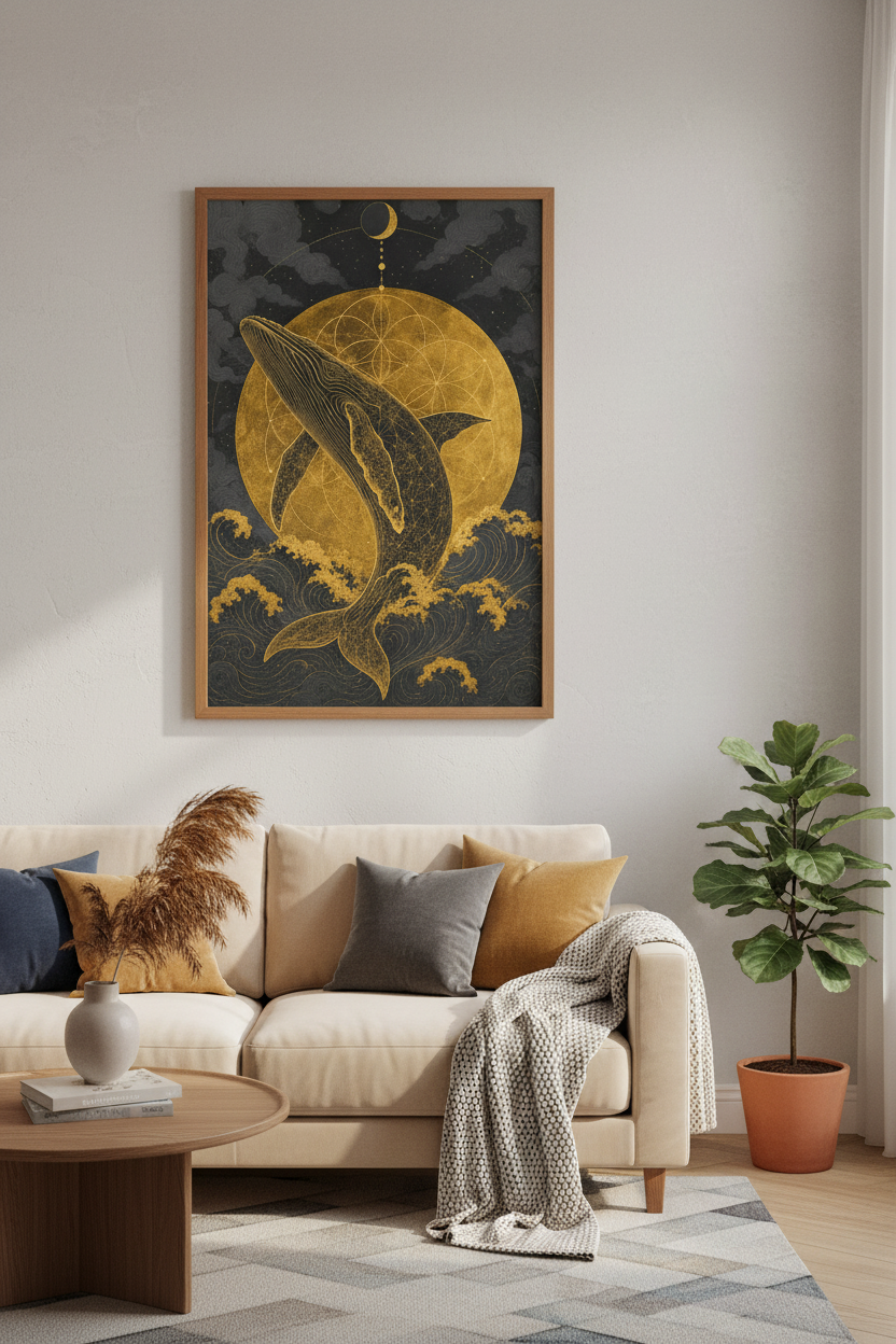 Celestial Whale Wall Art | Gold Sacred Geometry, Dark Ocean Poster Print