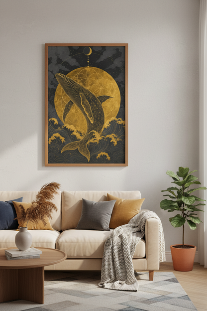 Celestial Whale Wall Art | Gold Sacred Geometry, Dark Ocean Poster Print