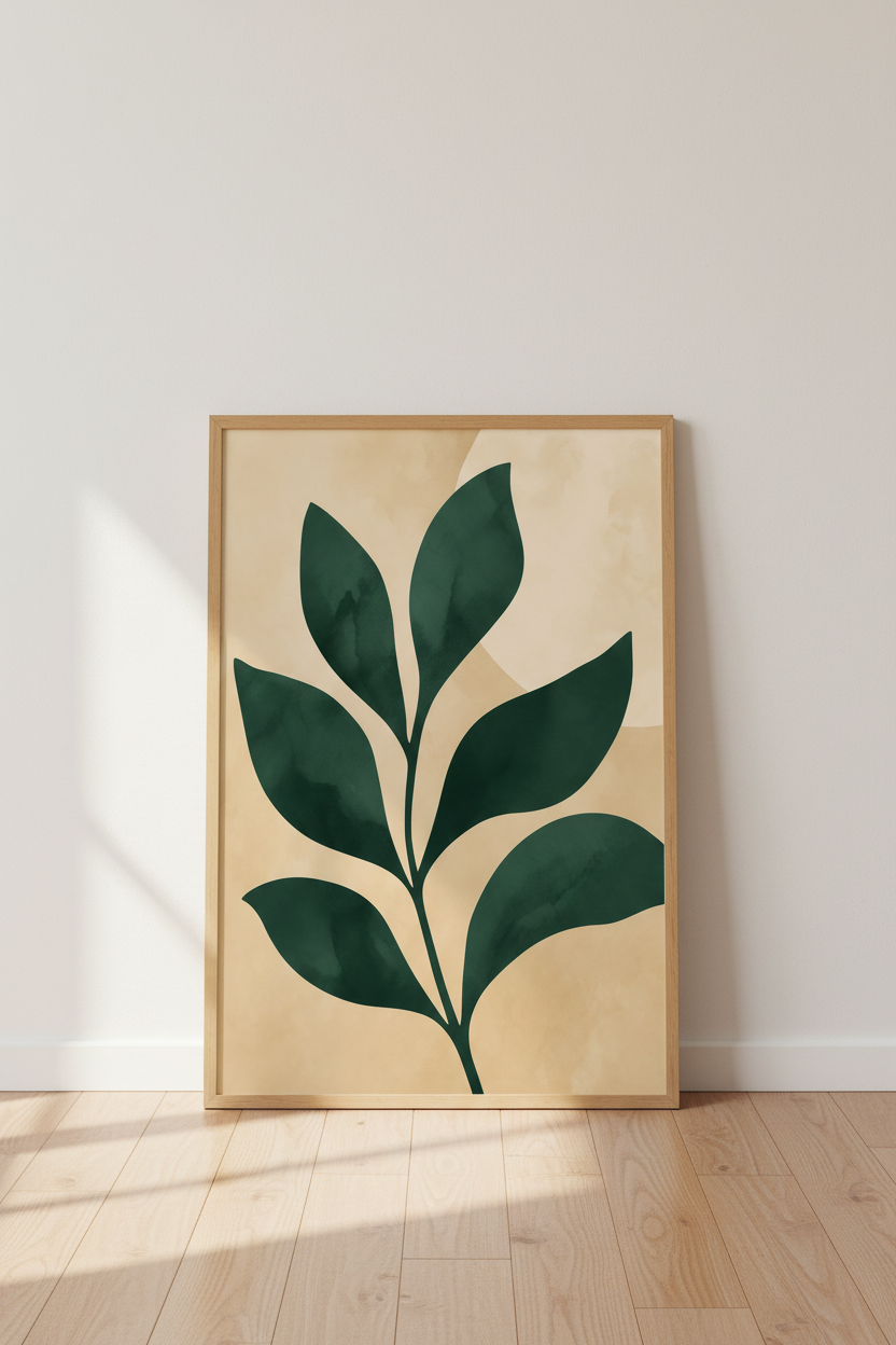 Minimalist Leaf Wall Art | Emerald Green &amp; Beige Poster, Living Room Decor