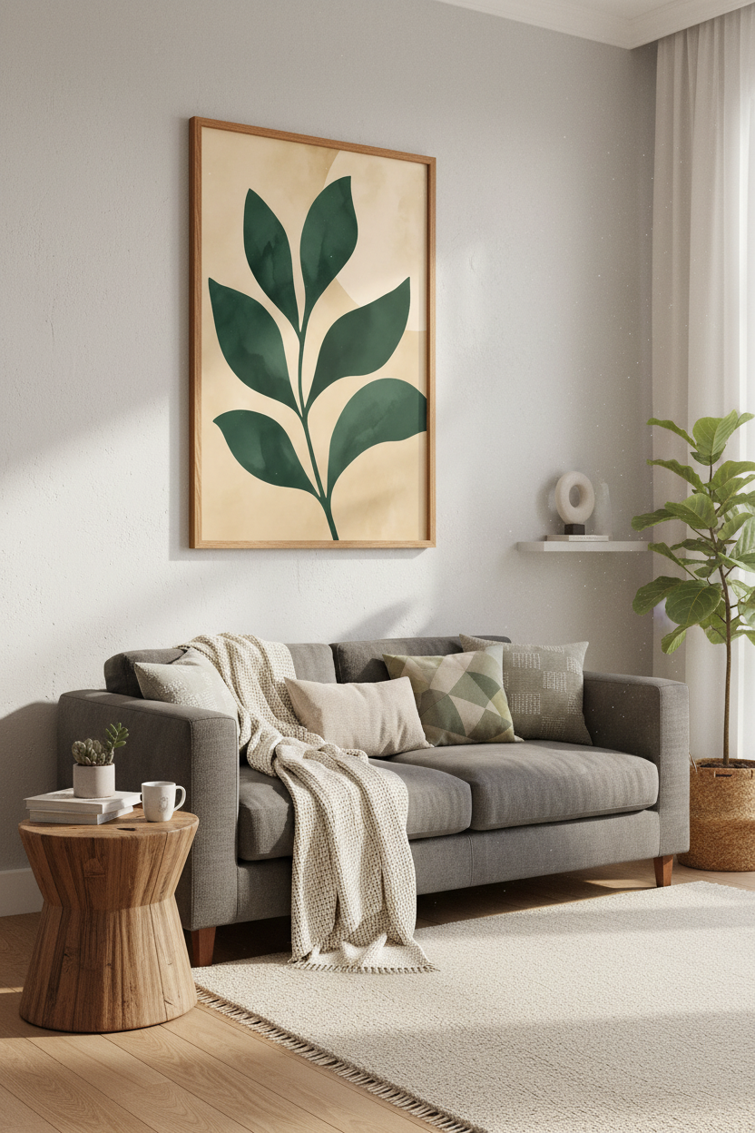 Minimalist Leaf Wall Art | Emerald Green &amp; Beige Poster, Living Room Decor