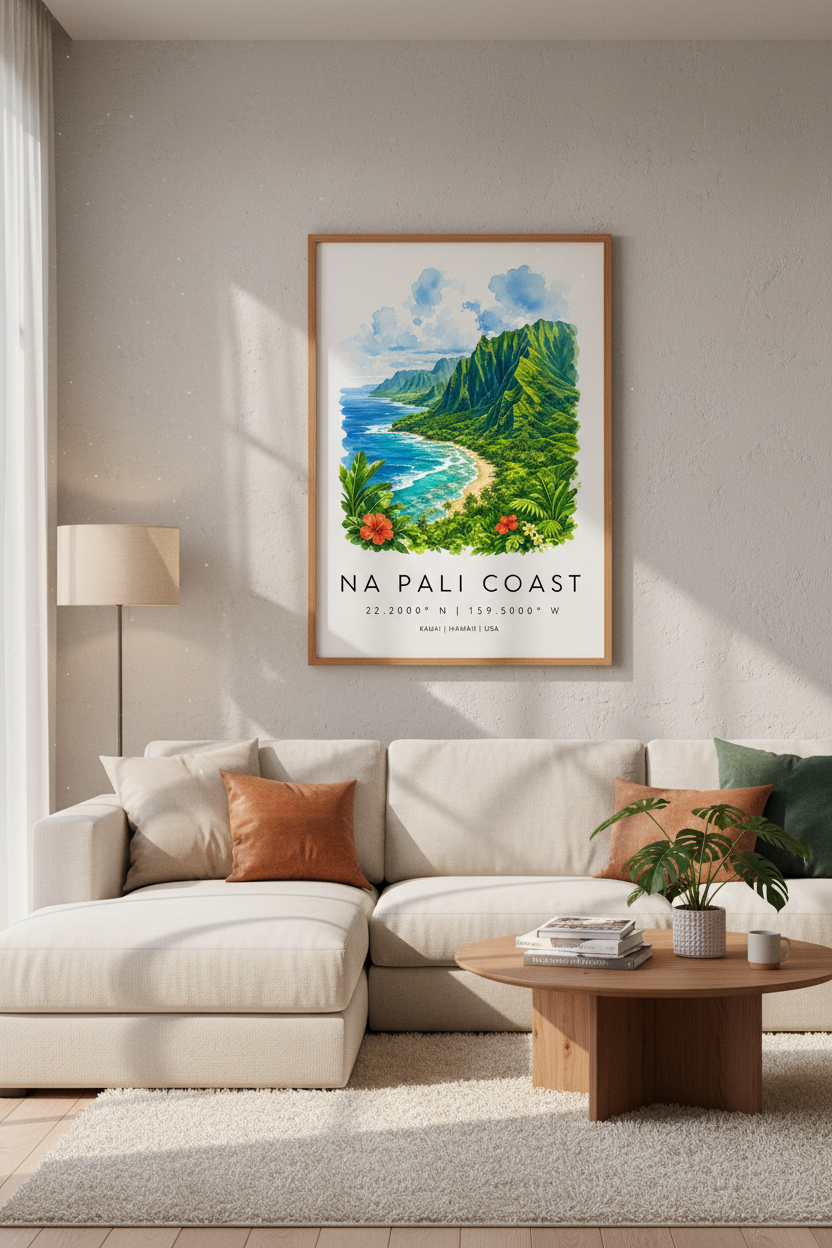 Na Pali Coast Kauai Hawaii Wall Art | Watercolor Coastal Decor | Tropical Travel Poster