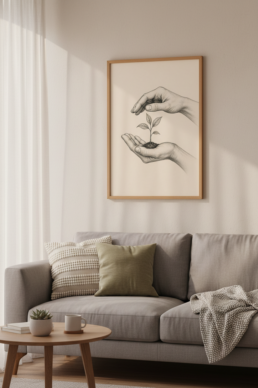 Hands Nurturing Plant Sketch Wall Art | Botanical Home Decor | Minimalist Poster