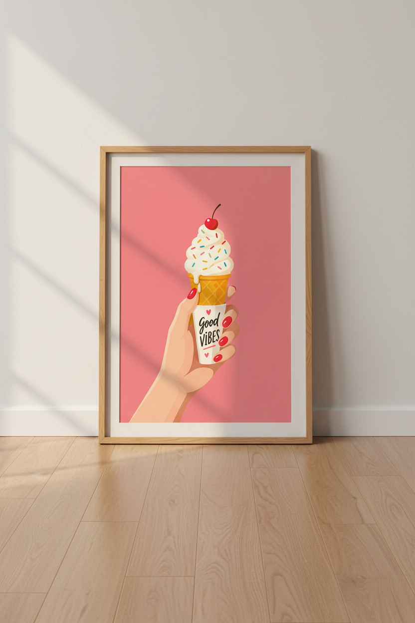 Retro Ice Cream Cone Wall Art Print | Pink Kitchen Decor | Good Vibes Poster