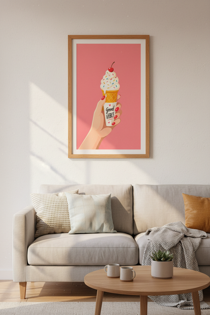 Retro Ice Cream Cone Wall Art Print | Pink Kitchen Decor | Good Vibes Poster