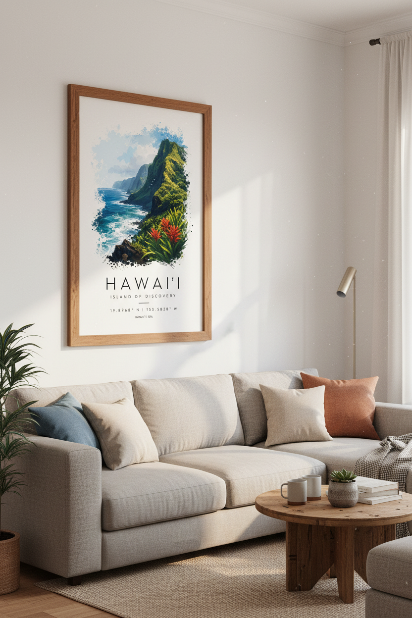 Hawaii Island of Discovery Wall Art | Tropical Ocean Travel Poster, Coastal Living Decor