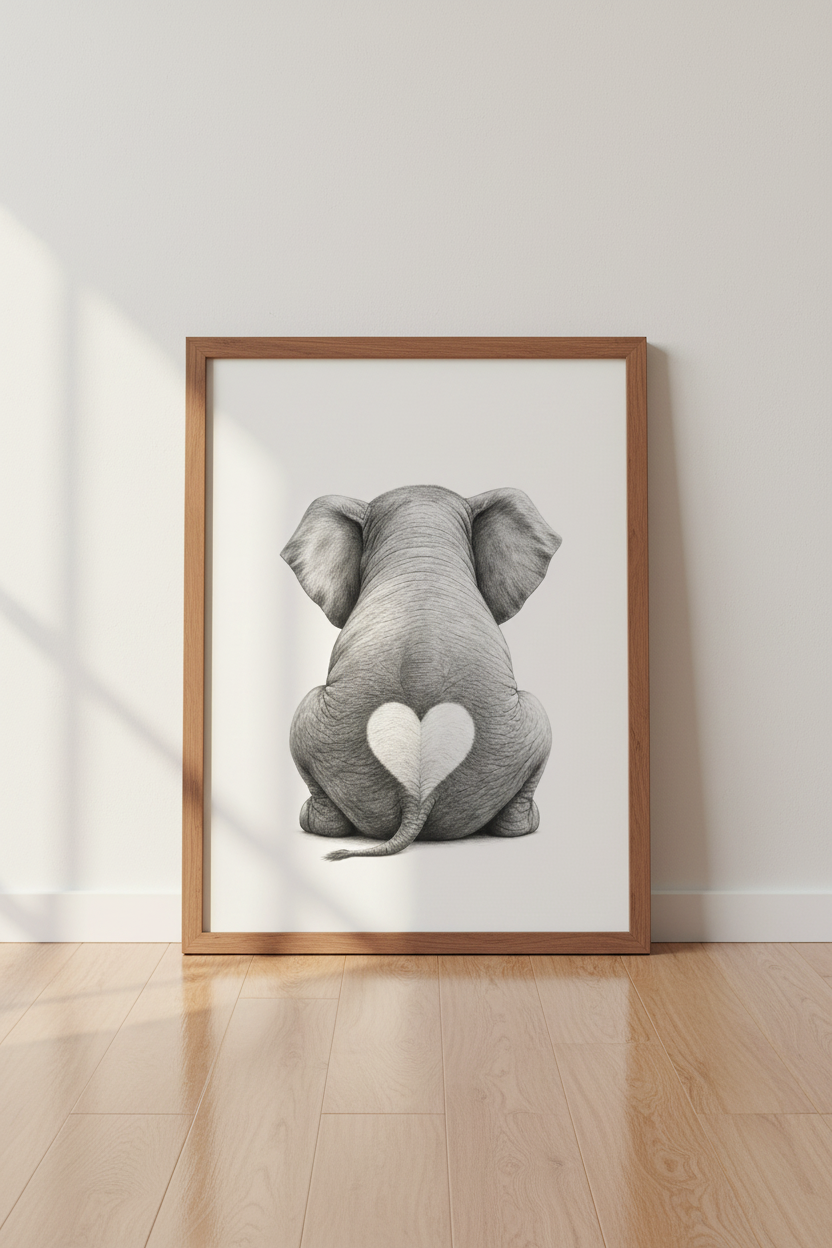 Baby Elephant Heart Wall Art | Nursery Decor | Minimalist Animal Poster