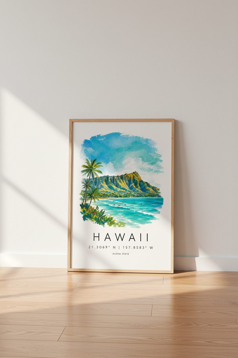 Hawaii Diamond Head Wall Art Print | Coastal Travel Poster | Tropical Watercolor Decor