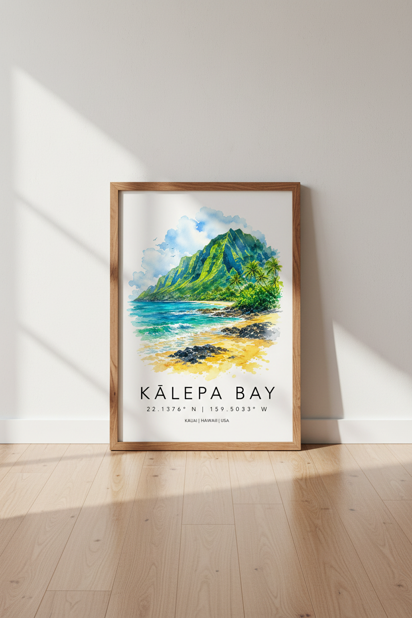 Kauai Hawaii Watercolor Art | Kalepa Bay Beach Landscape, Coastal Wall Decor