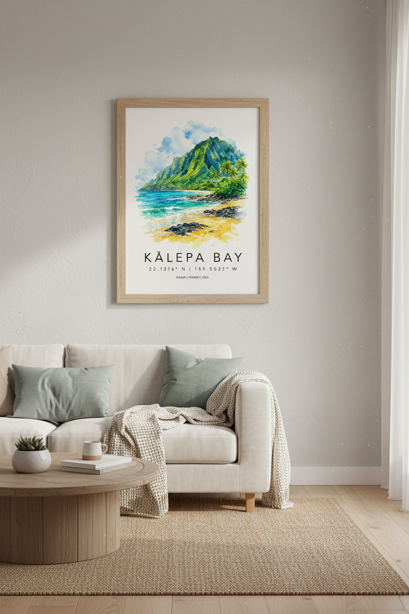 Kauai Hawaii Watercolor Art | Kalepa Bay Beach Landscape, Coastal Wall Decor