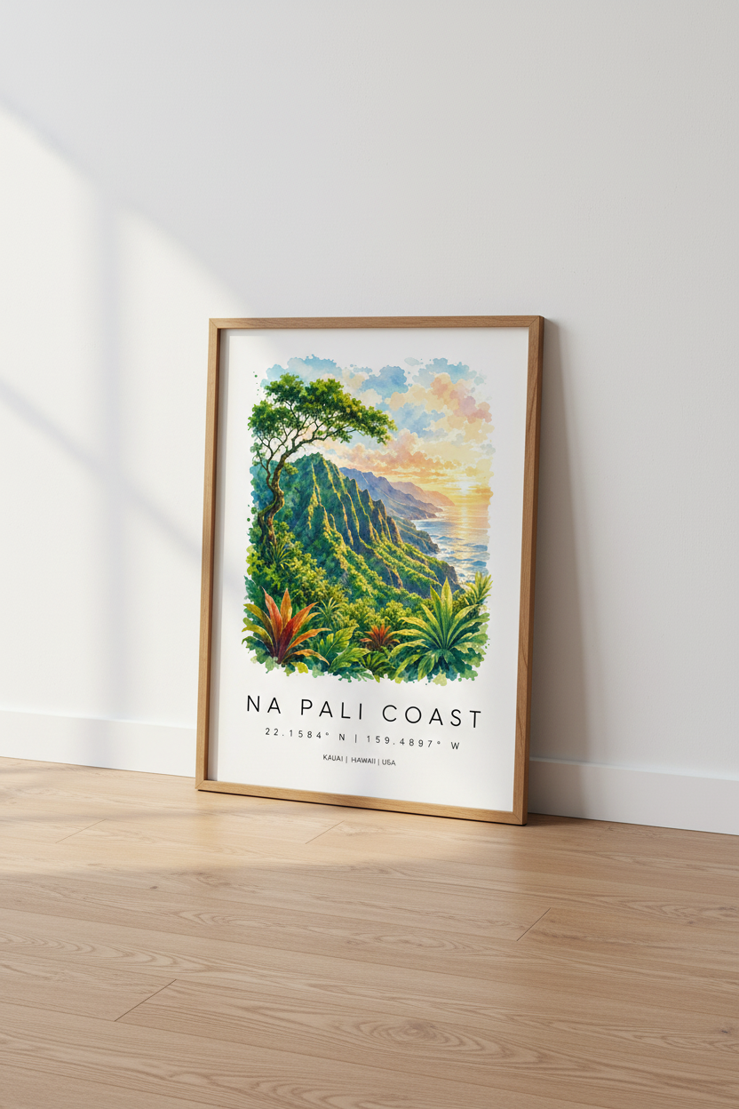 Na Pali Coast Hawaii Watercolor Art | Kauai Travel Decor | Tropical Landscape Poster