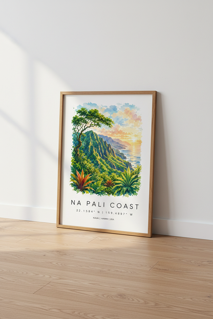 Na Pali Coast Hawaii Watercolor Art | Kauai Travel Decor | Tropical Landscape Poster