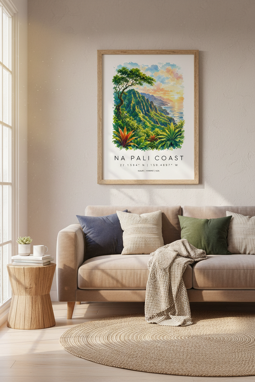 Na Pali Coast Hawaii Watercolor Art | Kauai Travel Decor | Tropical Landscape Poster