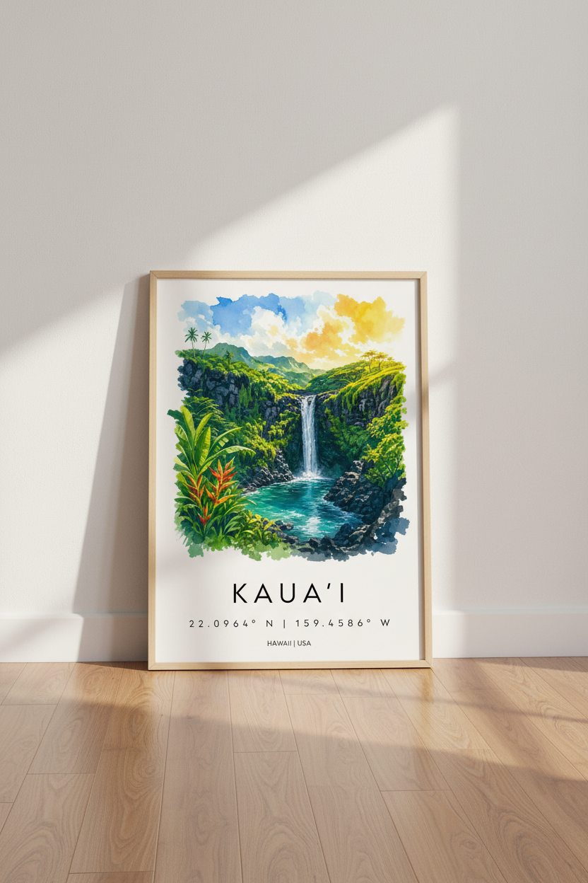 Kauai Hawaii Waterfall Print | Tropical Watercolor Art, Lush Green Nature Decor