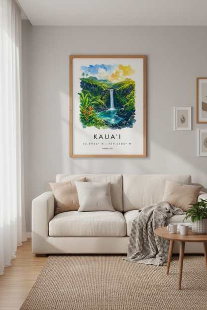 Kauai Hawaii Waterfall Print | Tropical Watercolor Art, Lush Green Nature Decor