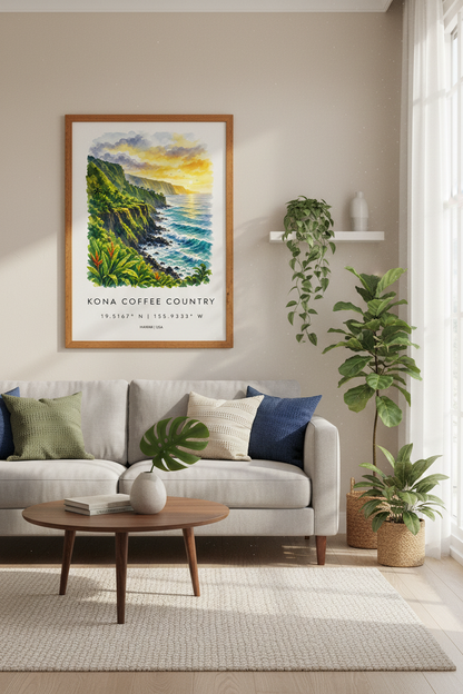 Kona Coffee Country Hawaii Art | Tropical Watercolor Landscape, Coastal Decor