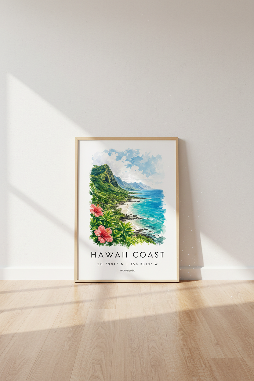 Hawaii Coast Watercolor Art | Tropical Beach Landscape, Coastal Home Decor